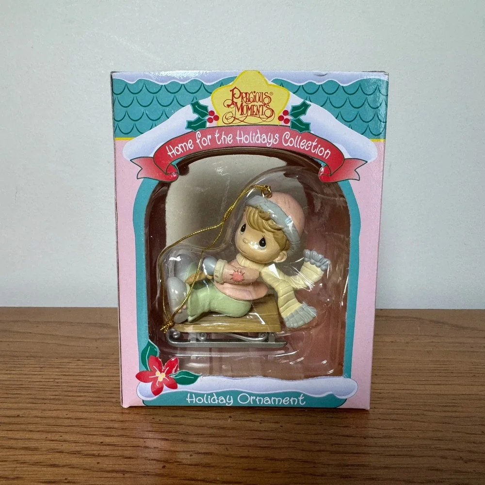 Precious Moments Home‎ for the Holidays Sledding Boy Ornament 182370 1995 Enesco